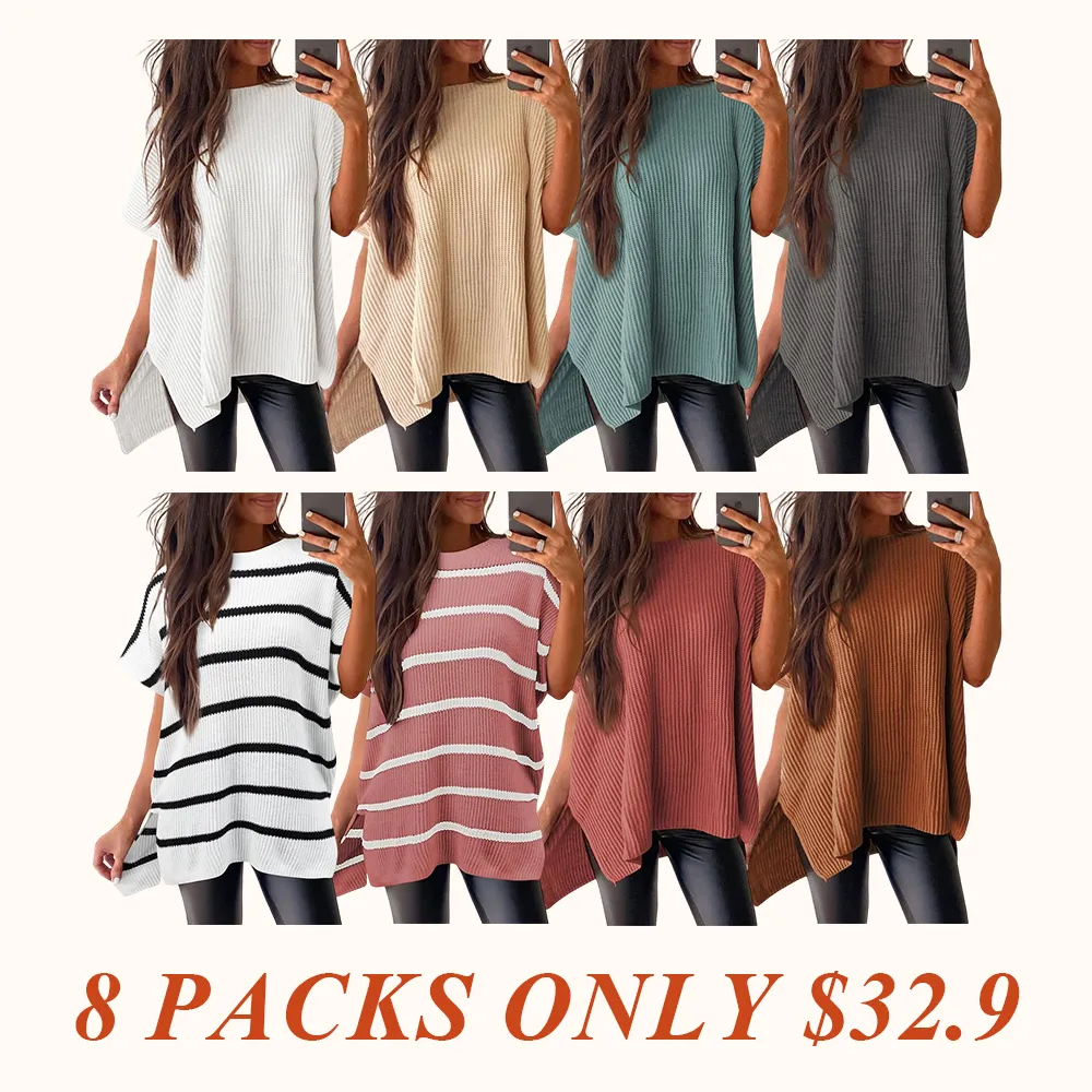 Women’s Crew Neck Short Sleeve Pullover Elegant Solid Color Knitwear