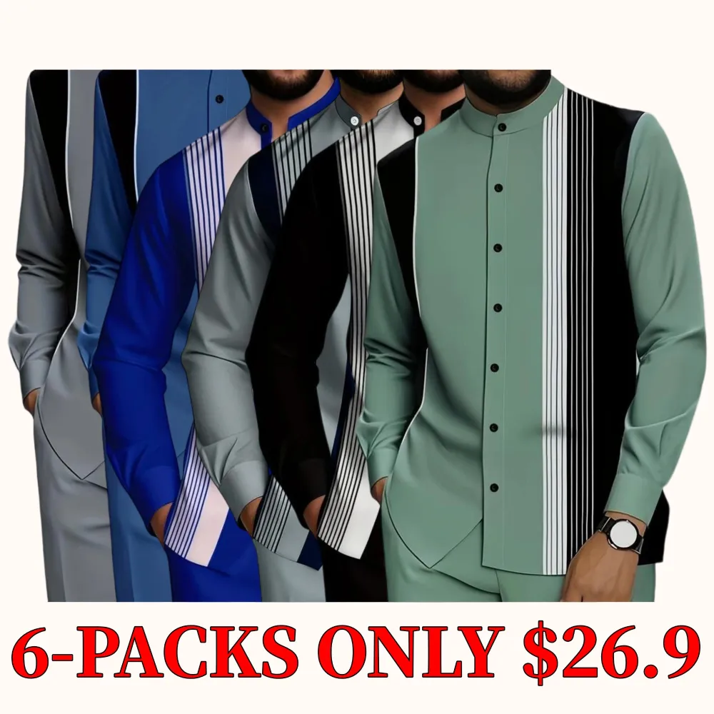 Men's two-piece set, including a black and white vertical striped button-down shirt and a pair of drawstring waist casual pants