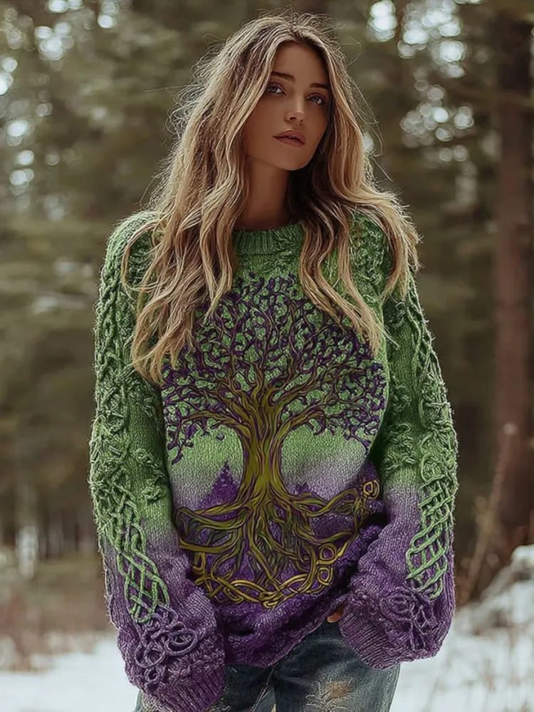 Women's Vintage Viking Tree Of Life Gradient Art Crew Neck Sweater