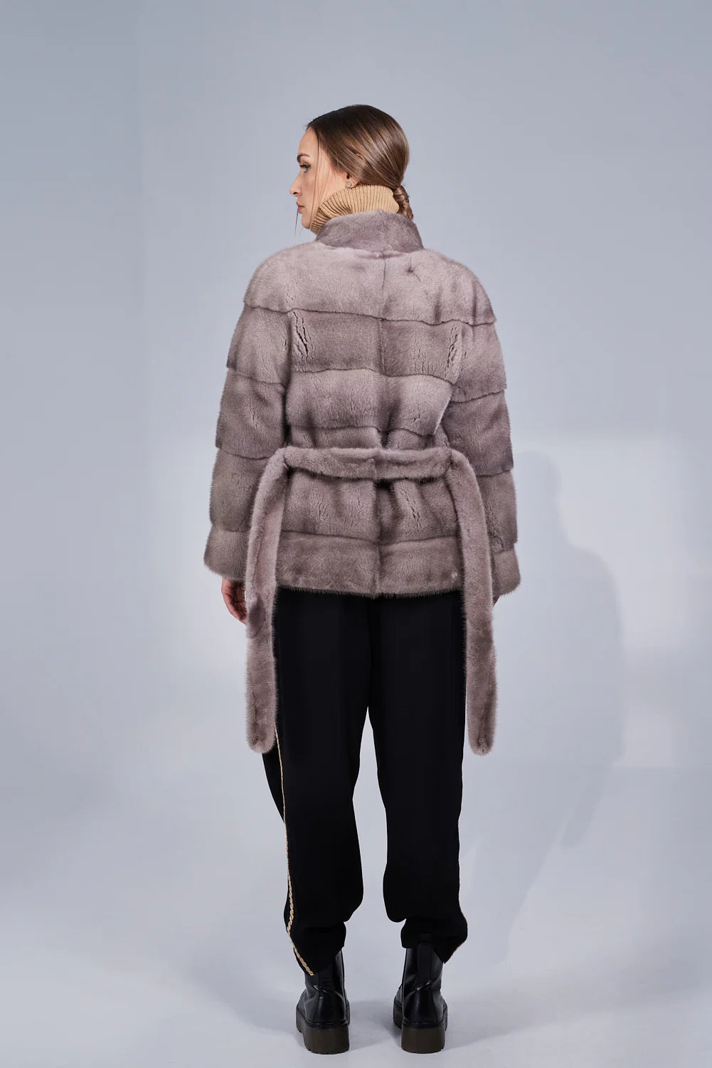 Haină din Blană Naturală de Vizon, cu Cordon, Femei, Silver Blue 194