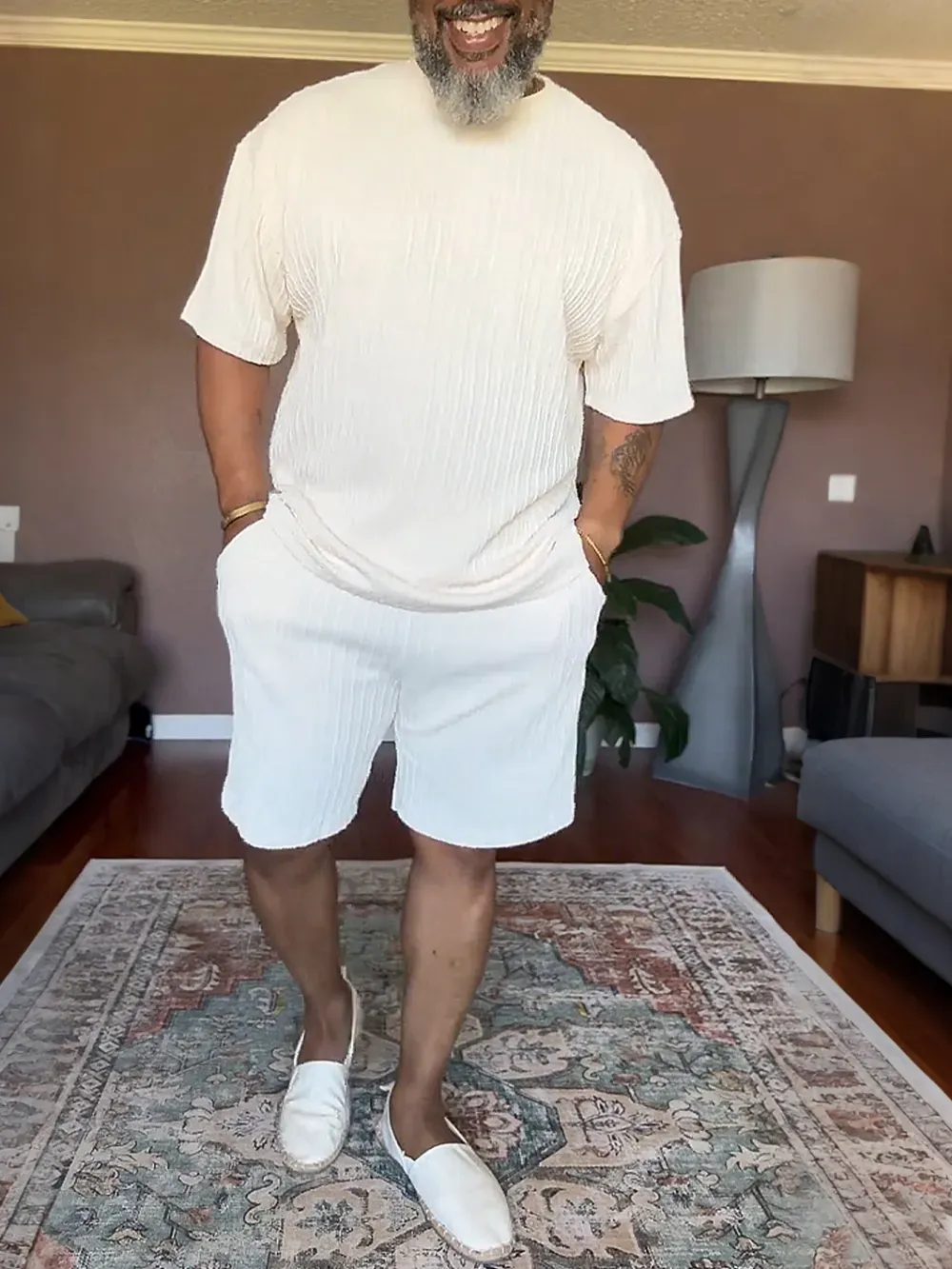 Men'S Solid Color Textured T-Shirt & Pants Set