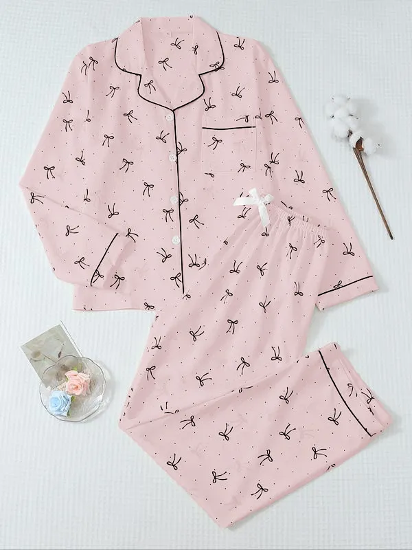 Women's Striped Bow Print Long Sleeve Pajama Set