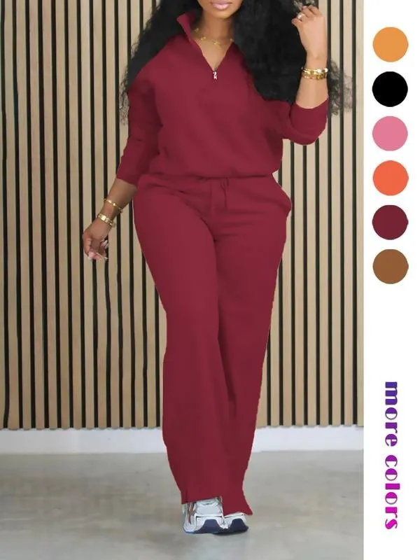 Women's Solid Half Placket Split Hem Pants Set