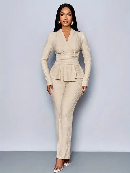 Elegant V-Neck Long Sleeve Top & Wide Leg Pants Set