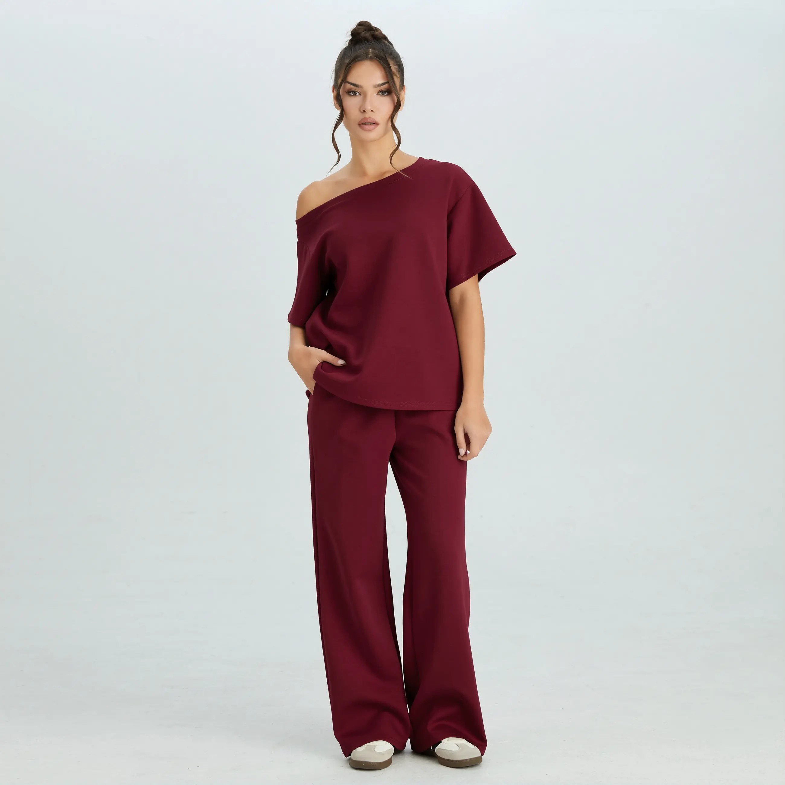Women's Leisure Solid Color Sloping Shoulder Short Sleeve Top & Drawstring Waist Wide Leg Trousers Co-ord