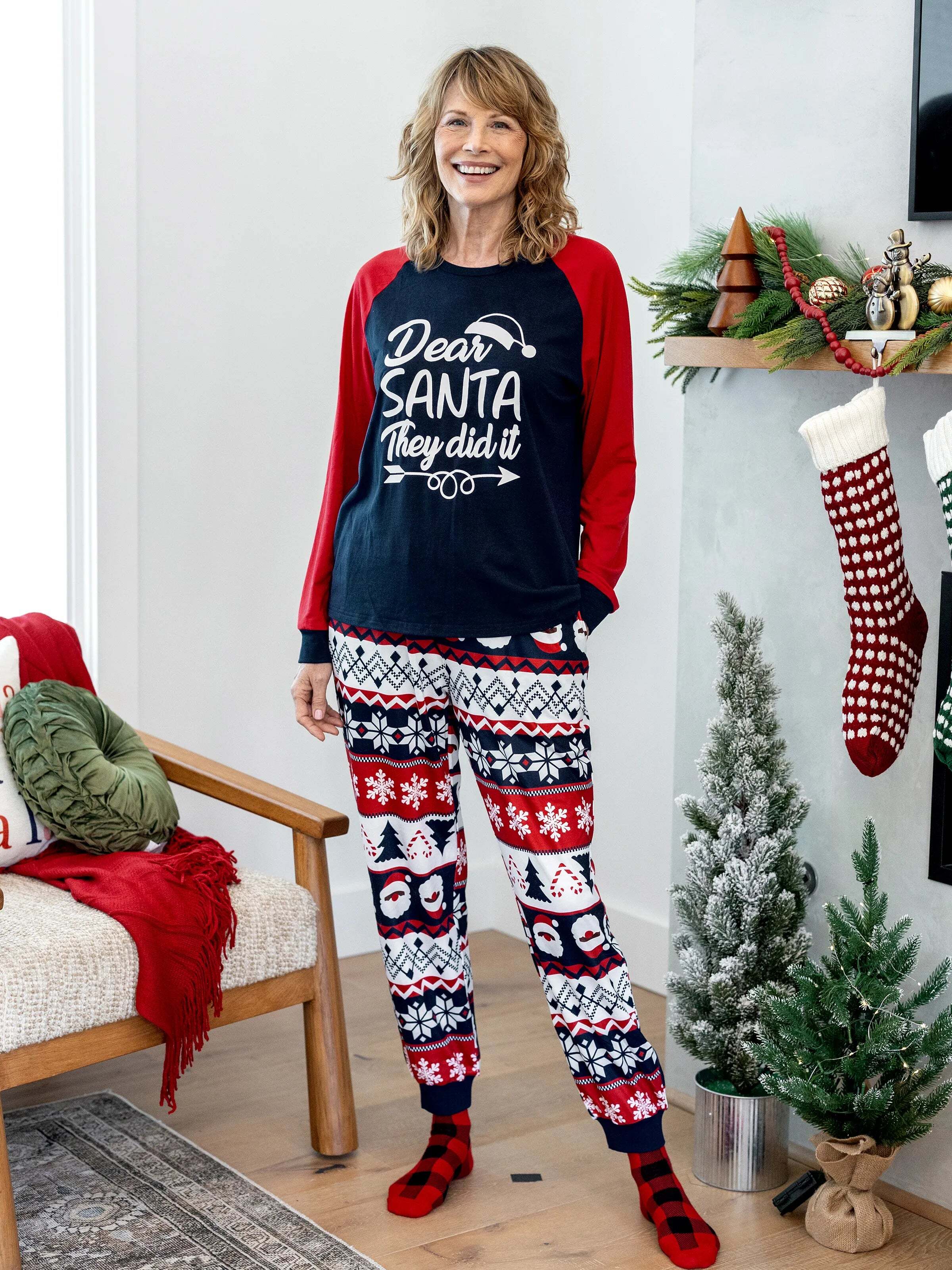 Christmas Matching Family Pajamas Set Glow In The Dark Santa Claus Print PJS with Christmas Socks Deep Blue