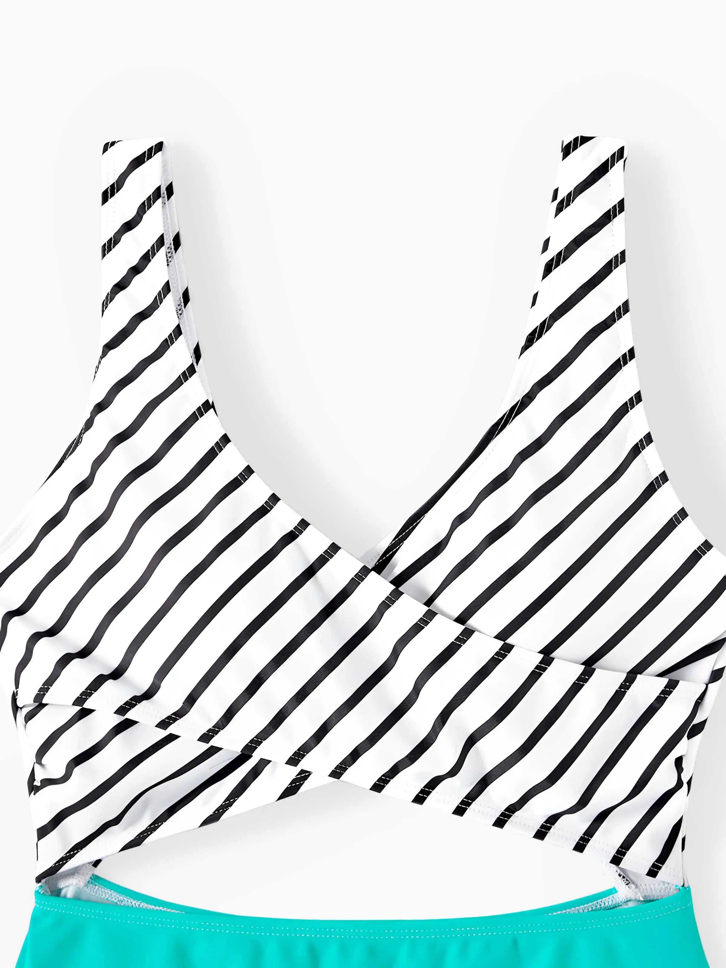 Family Matching Striped Spliced Cut Out One-piece Swimsuit and Colorblock Swim Trunks Green/White