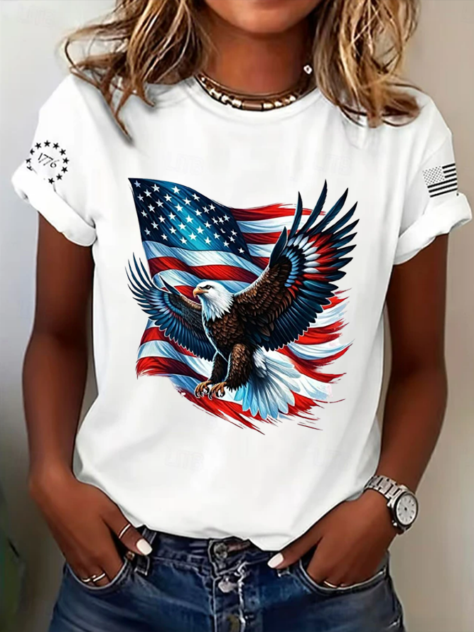 Women's Short Sleeve T-shirt Summer Blue Independence Day (Flag) Printing Jersey Crew Neck Daily Going Out Casual Top