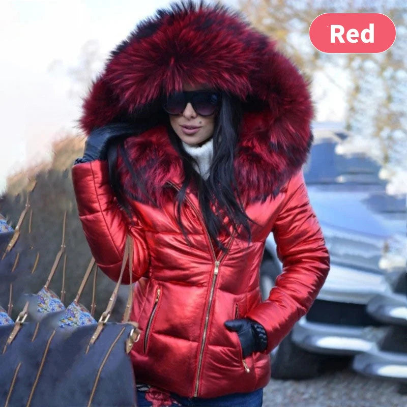Women's casual warm large fur collar hooded jacket