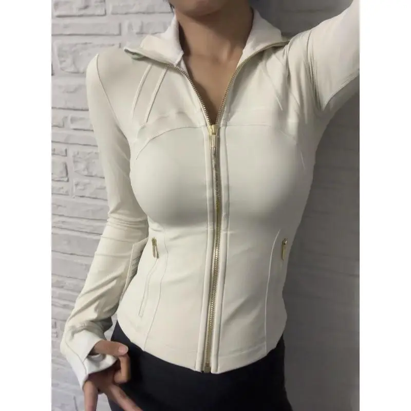 Women's Yoga Suit Gold Zipper Stand Up Collar Slimming Fitness Jacket
