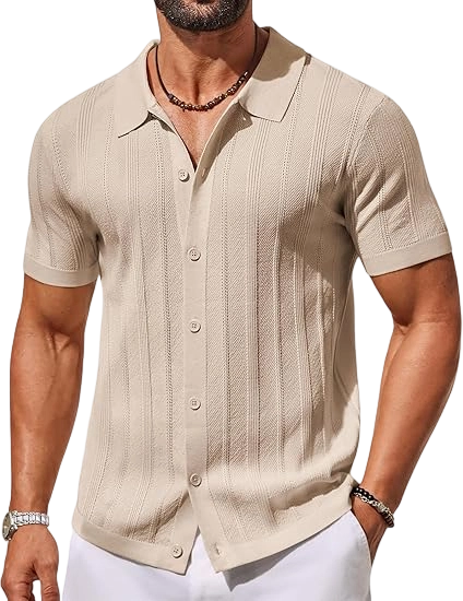 Men's Knit Button Down Shirts Short Sleeve Polo Shirt Casual Vacation Summer Beach Shirts