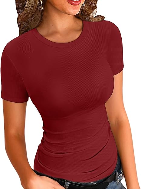 🔥Women’s Ribbed Crewneck Fitted Top – Slim Fit Short & Long Sleeve Basic