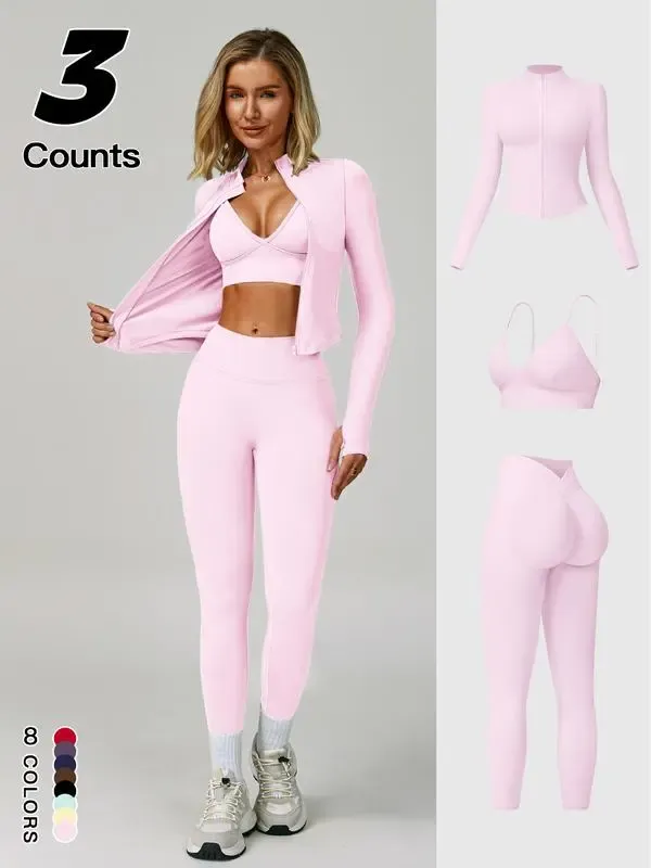 Women Quick-Dry Running Yoga 3-Piece Jacket Leggings Set