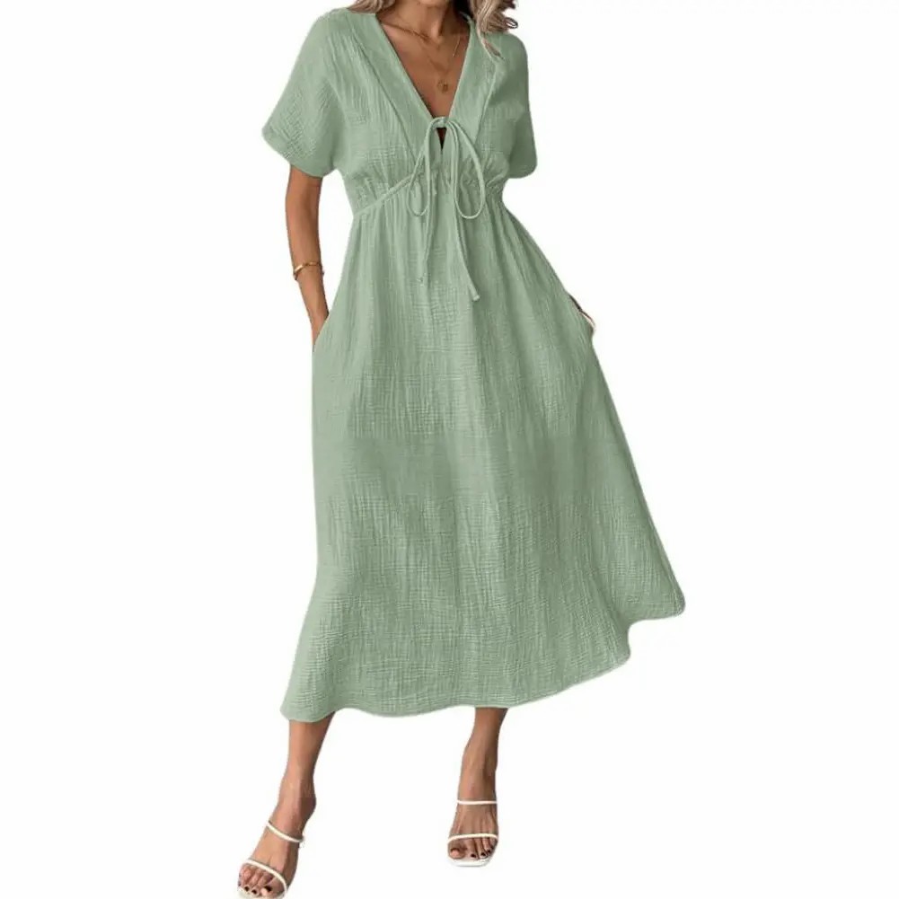 Women's Cotton V-Neck Bohemian Dress – Loose Fit Beach Dress with Pockets