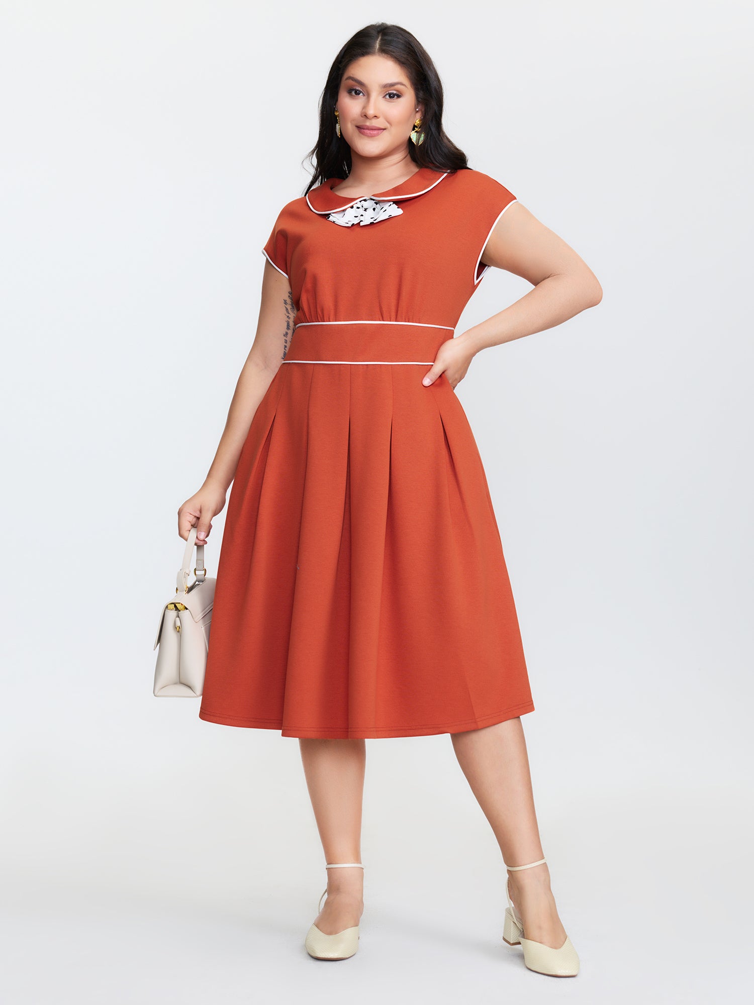 Butterfly Neckline Pockets Shirred Back Midi Dress