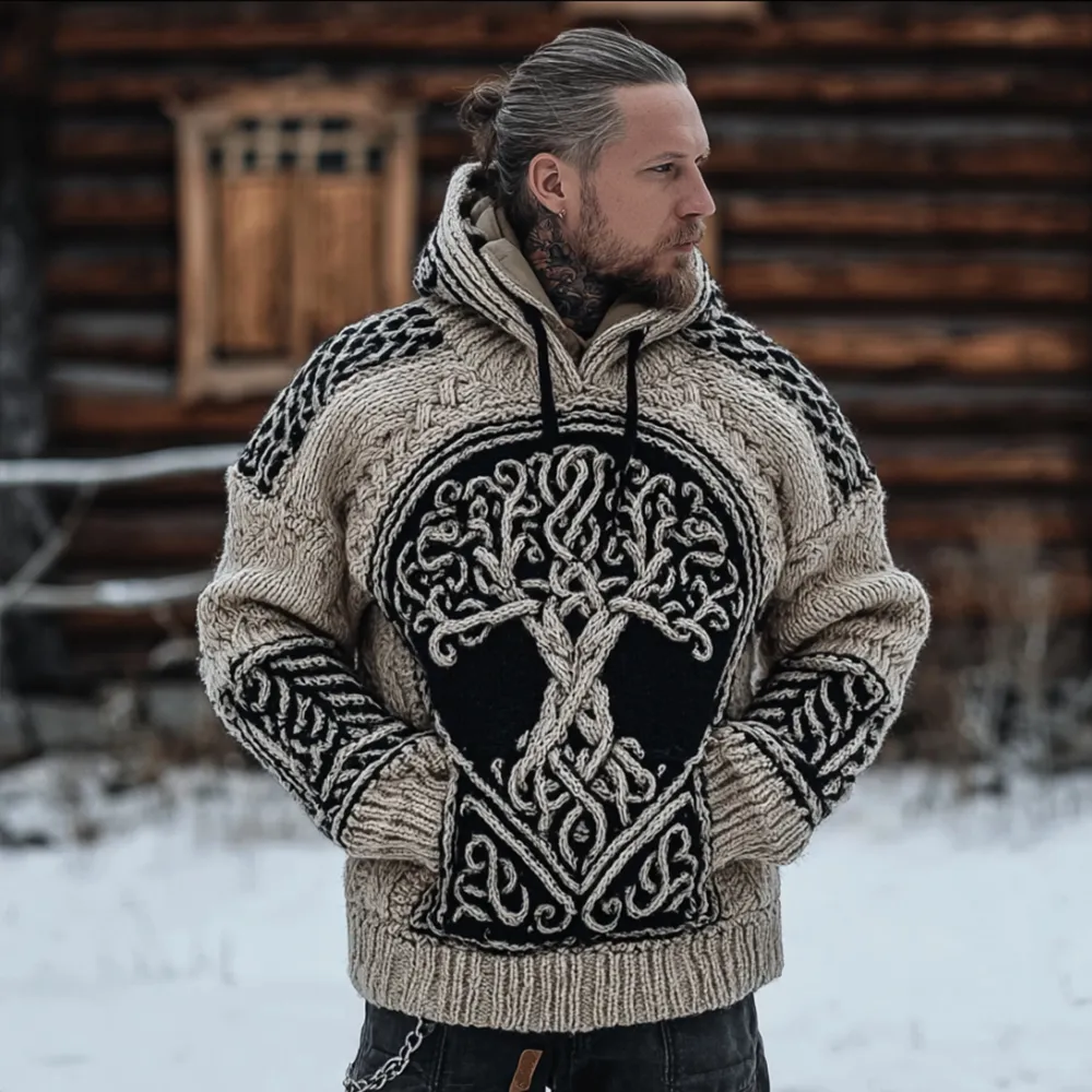Men's Viking Style Tree Of Life Thick Needle Warm Hooded Sweater
