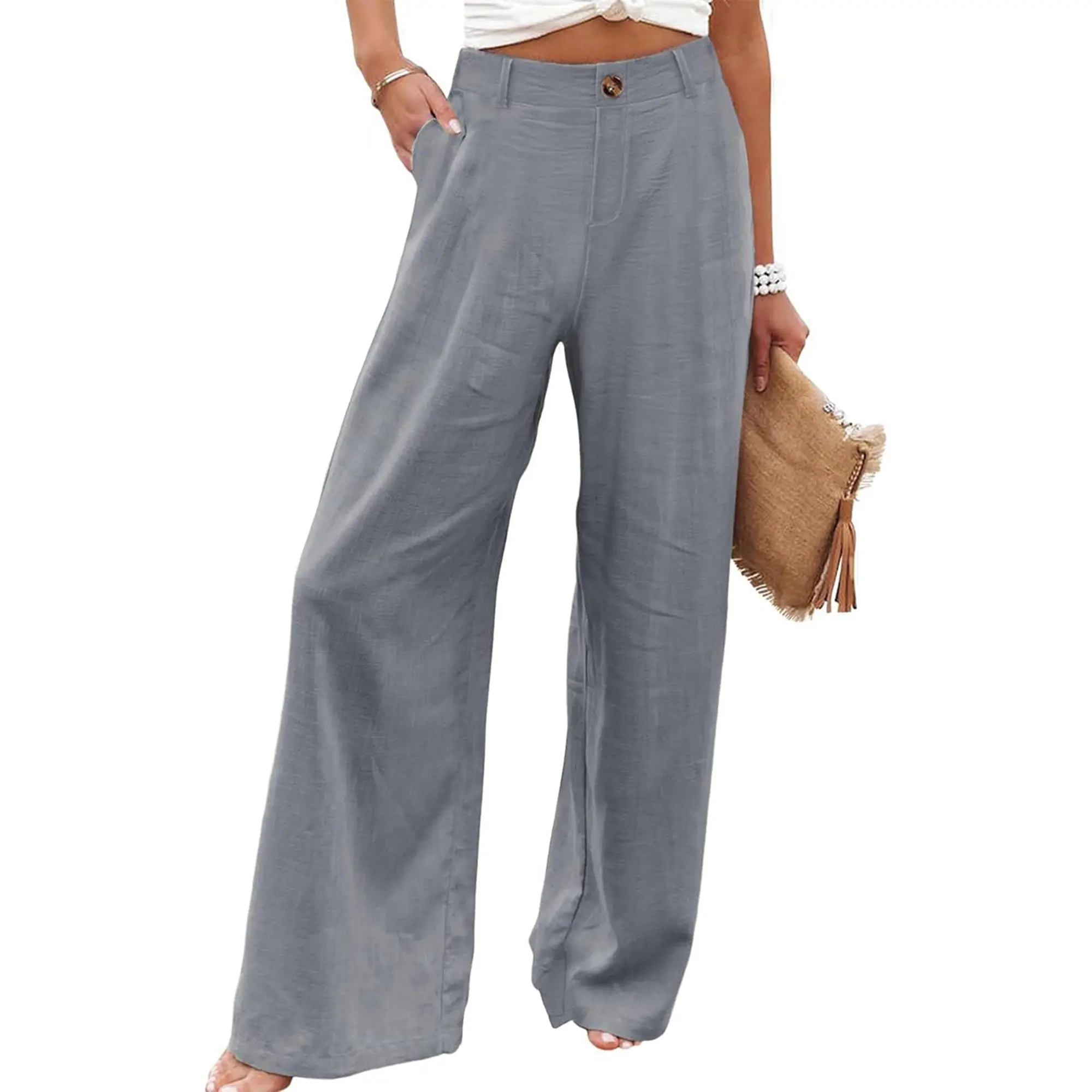 Women's High Waisted Wide Leg Linen Pants Casual Button Up Cotton Trousers for Summer Loose Comfy Beach Pants