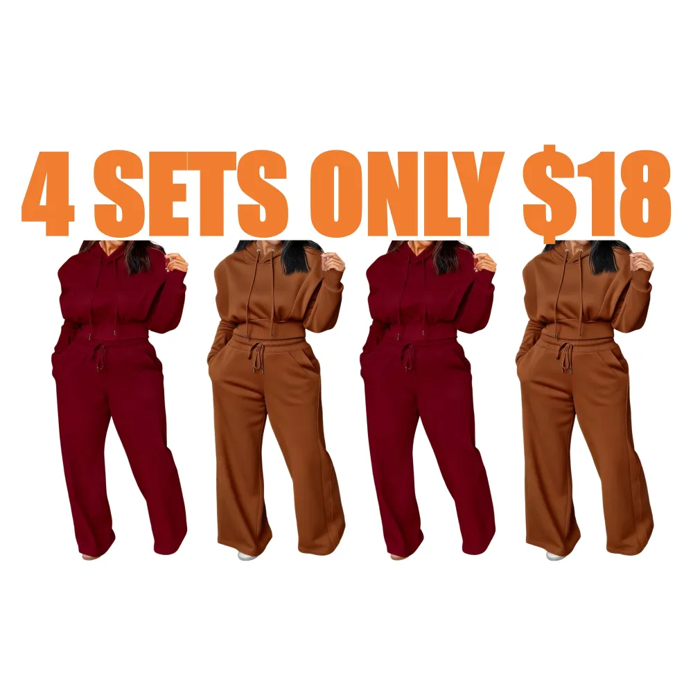 Hooded Long Sleeve Sweatshirt and Casual Wide Leg Sweatpants Set