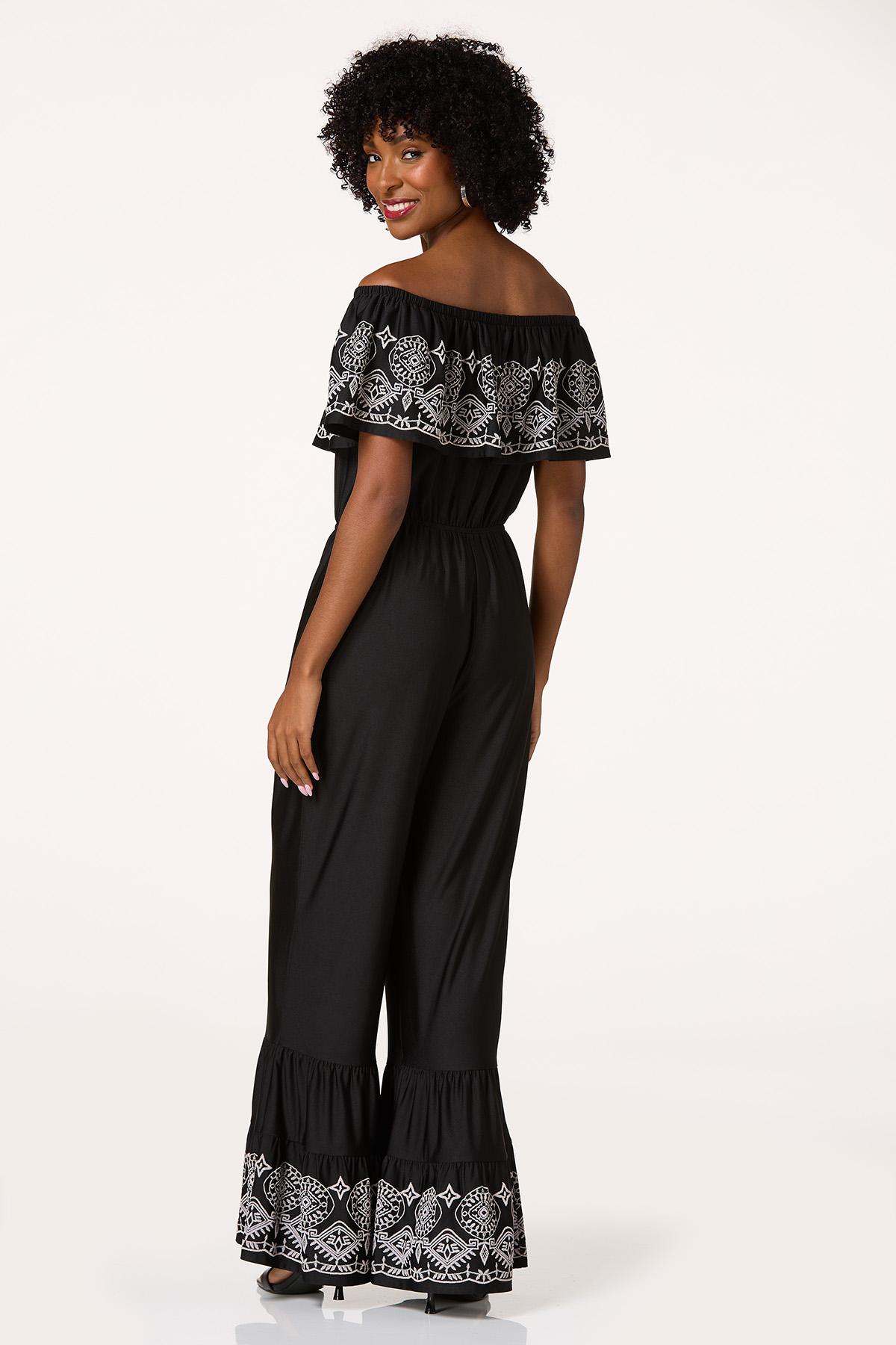 Flounced Off Shoulder Embroidered Jumpsuit