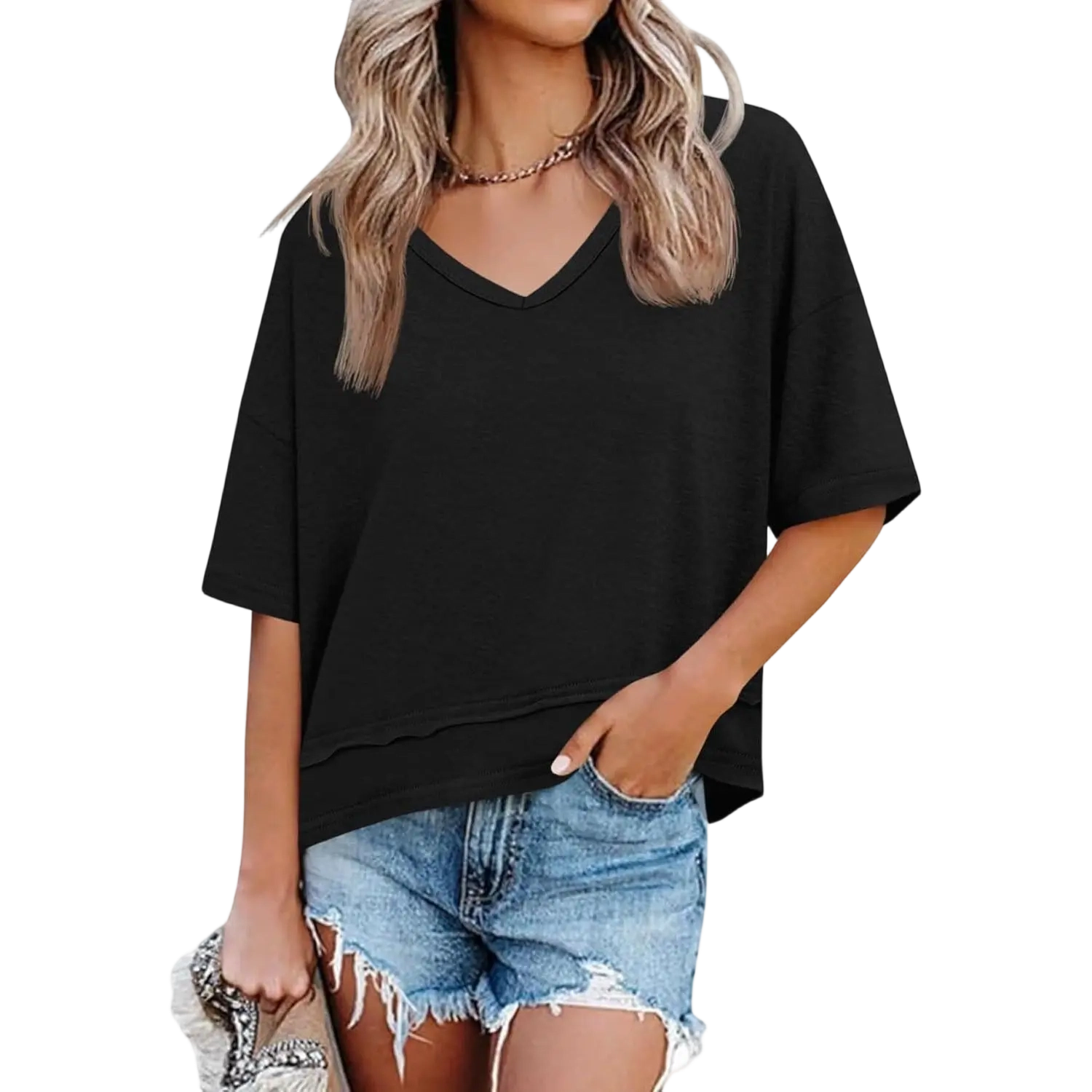 Women's Summer V-Neck T-Shirt — Casual Short-Sleeve Flowy Top | Cute, Loose-Fit Basic Tee