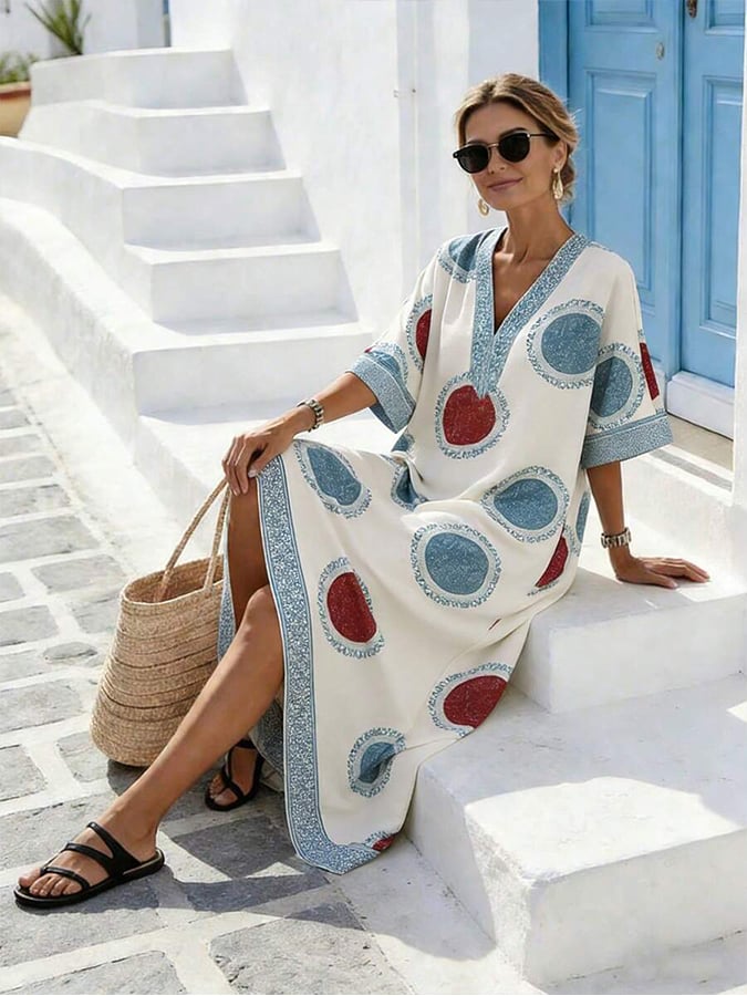 Women's Casual V-neck Loose Printed Vacation Dress- Fast Shipping