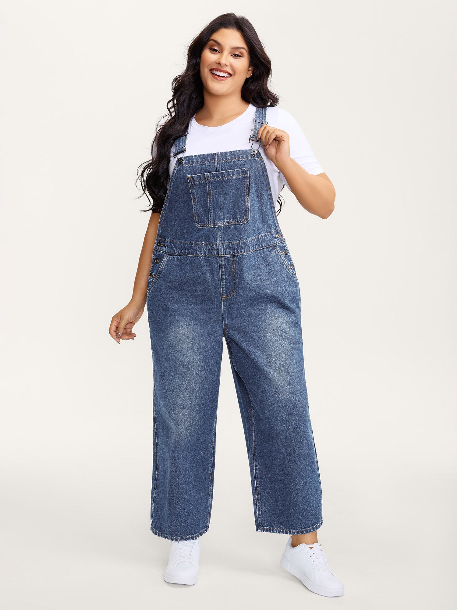 Cotton Relaxed-Fit Side Button Overall Denim Jumpsuit