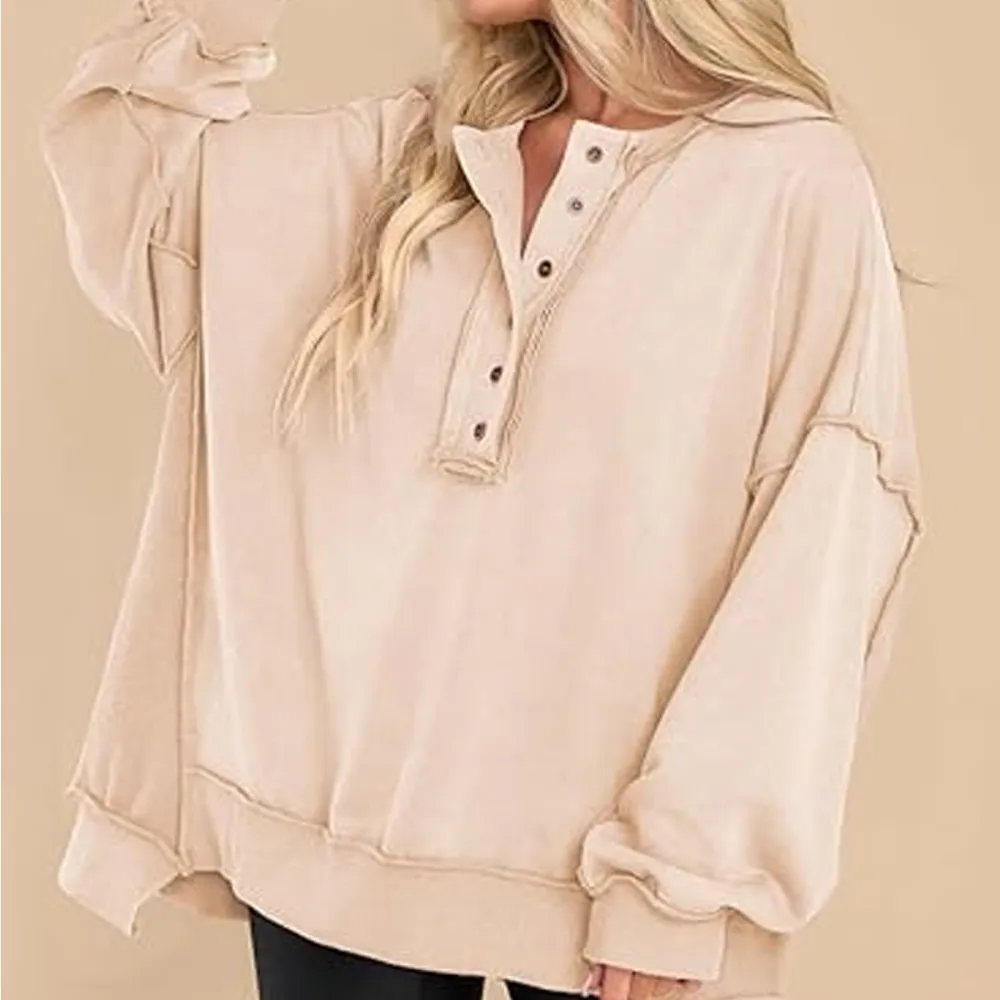Women's loose-fitting casual long-sleeved button-up pullover shirt
