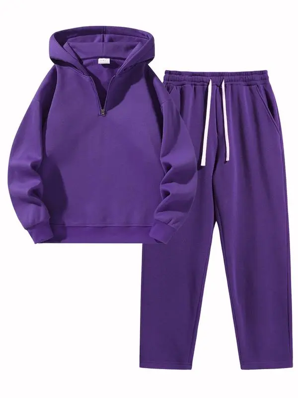 🔥Last Day Promotion 89% OFF🔥Men'S Plain Drop Shoulder Sweatsuit Set, Casual Half Zip Hoodie & Drawstring Sweatpants With Pocket