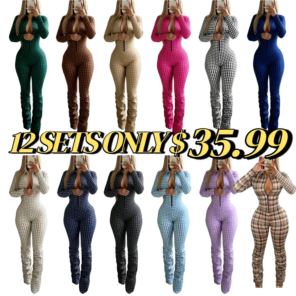 Women's timeless houndstooth jumpsuit with zipper closure