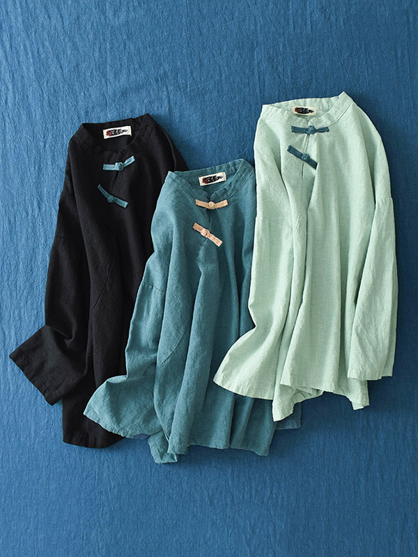 Vintage Linen Frog Loose Long Sleeve Shirt Tops