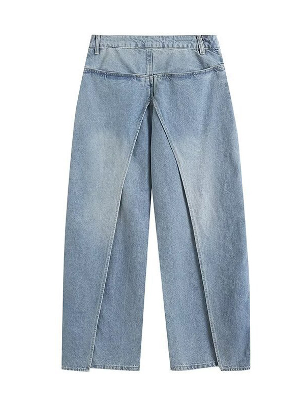 Pockets Reversible False Two Wide Leg Jean Pants Bottoms