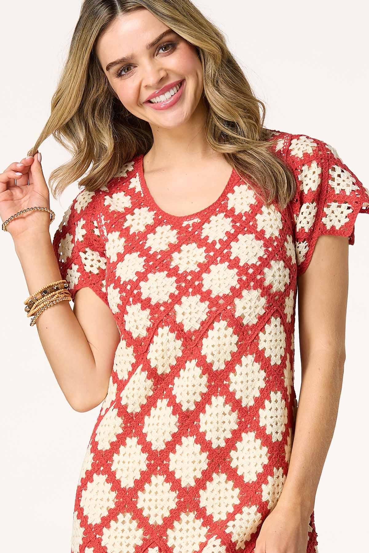 Crochet Geo Red White Sheath Dress