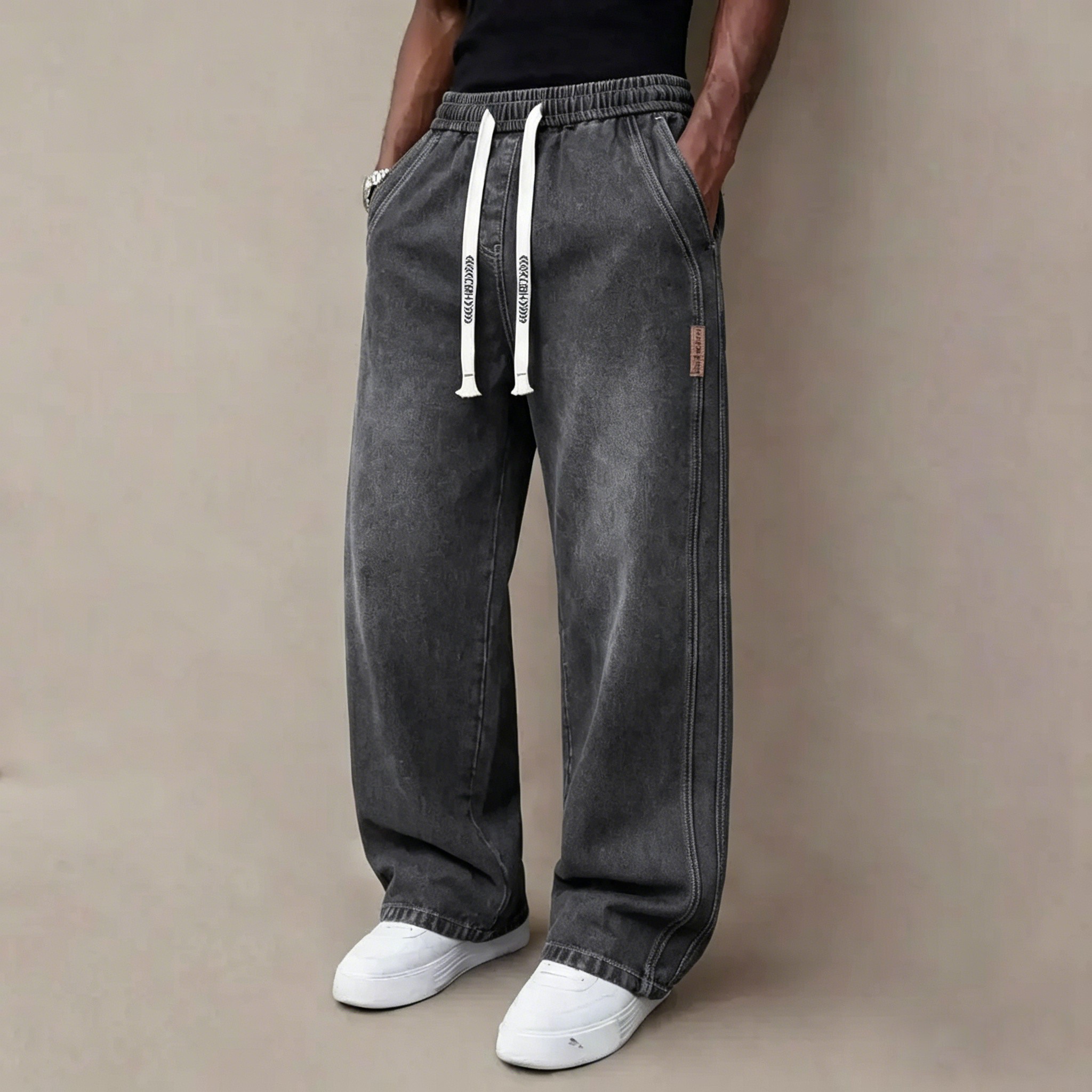 Men's Stretch Denim Jeans – Vintage Washed Straight Leg with Drawstring Waist