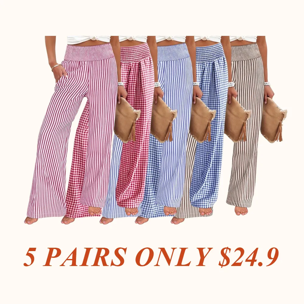 Womens Striped Gingham Palazzo Pants Wide Leg High Waisted Lounge Pajama Pants
