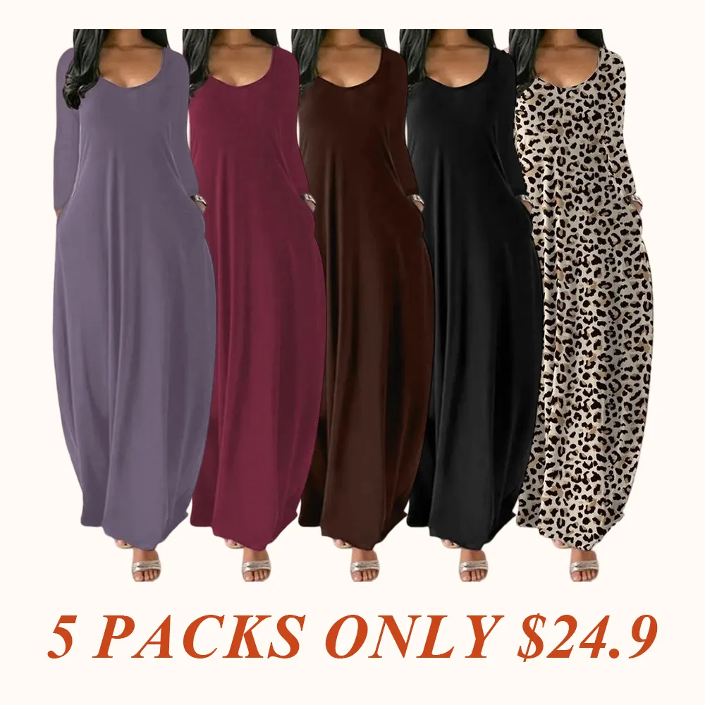 Women's Long Nightgown, Leopard Print in Coffee, Casual Round Neck Long Sleeve Pocket Sleepwear