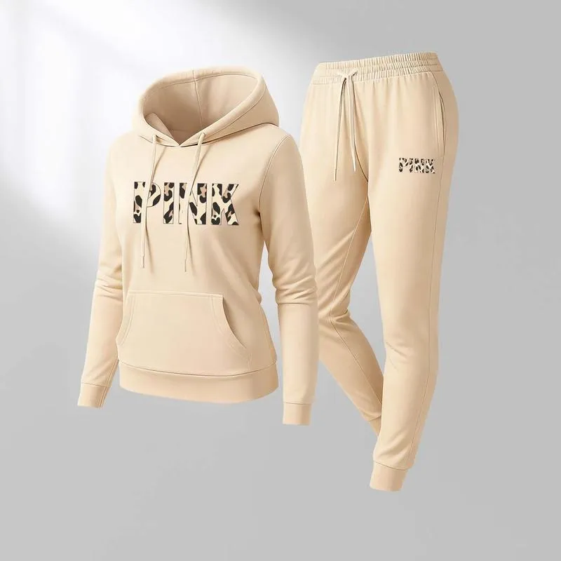 Women's Leopard Pink Print Hoodie & Drawstring Sweatpants Set