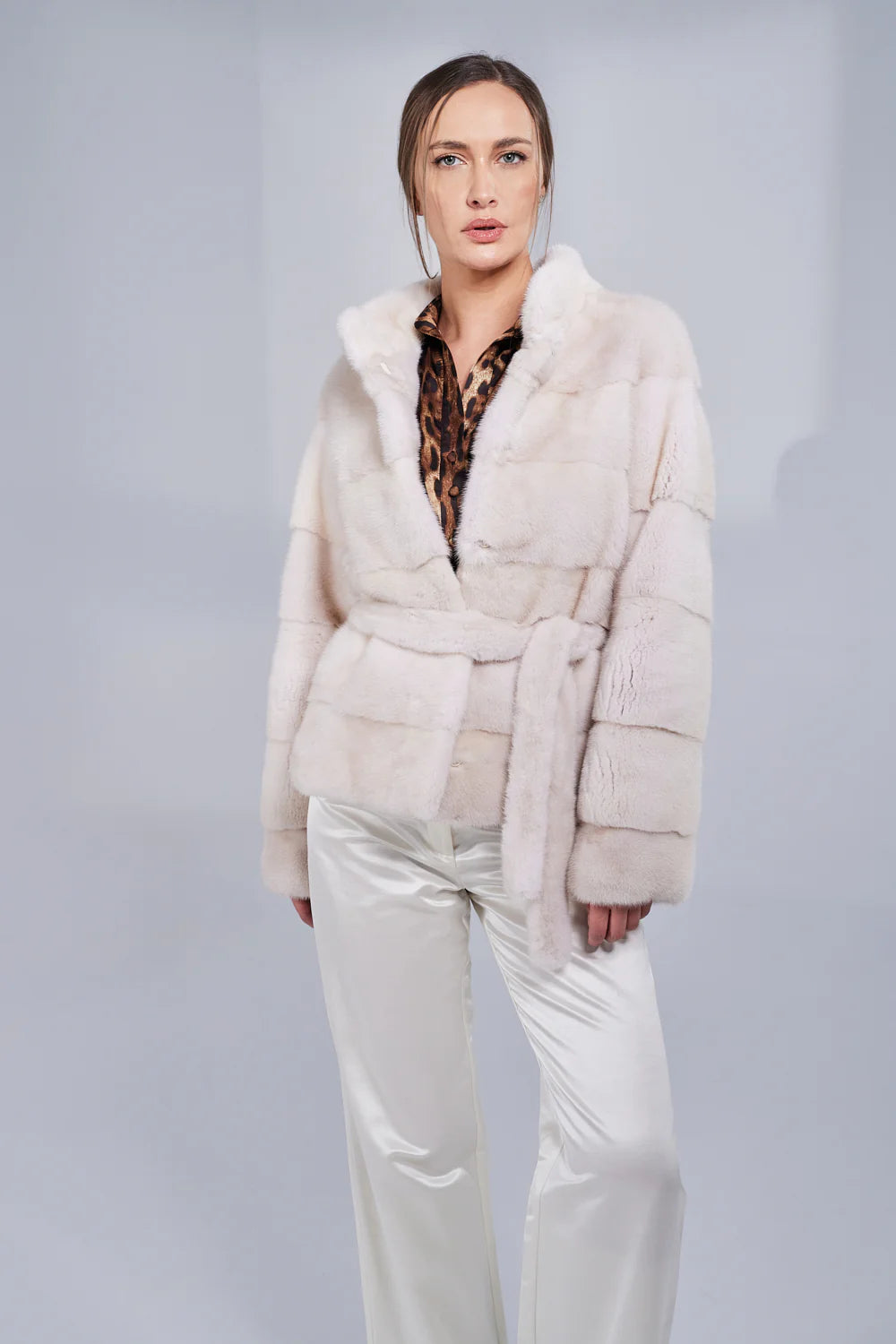 Haină din Blană Naturală de Vizon, cu Cordon, Femei, Pearl 193