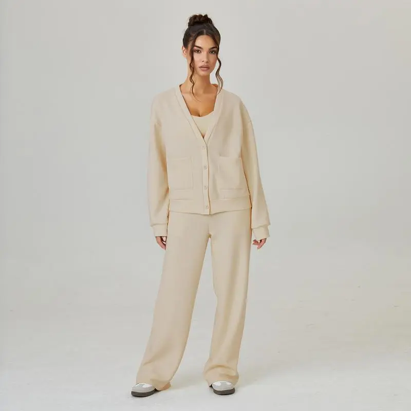 Women's Slouchy Solid Color V Neck Long Sleeve Button Cardigan & Drawstring Waist Trousers Co-ord