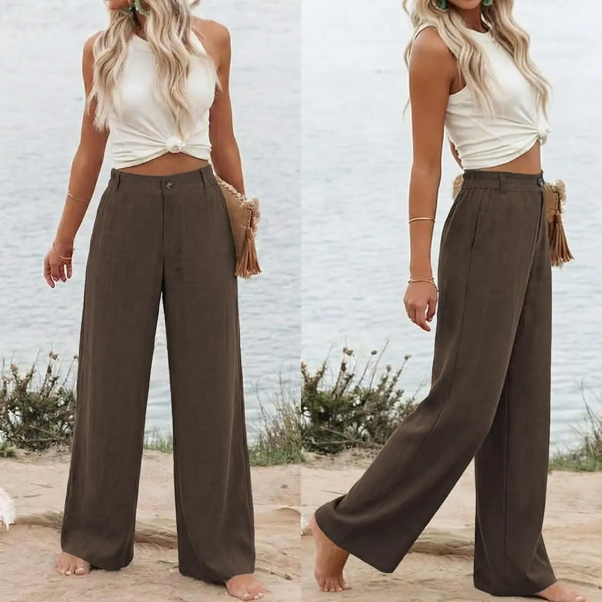 Women's High Waisted Wide Leg Linen Pants Casual Button Up Cotton Trousers for Summer Loose Comfy Beach Pants