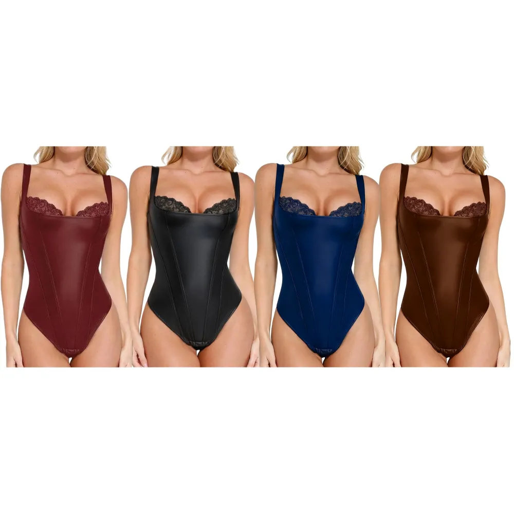 Leather Corset Top bodysuit Lace Trim Shapewear Tummy Control Bustier