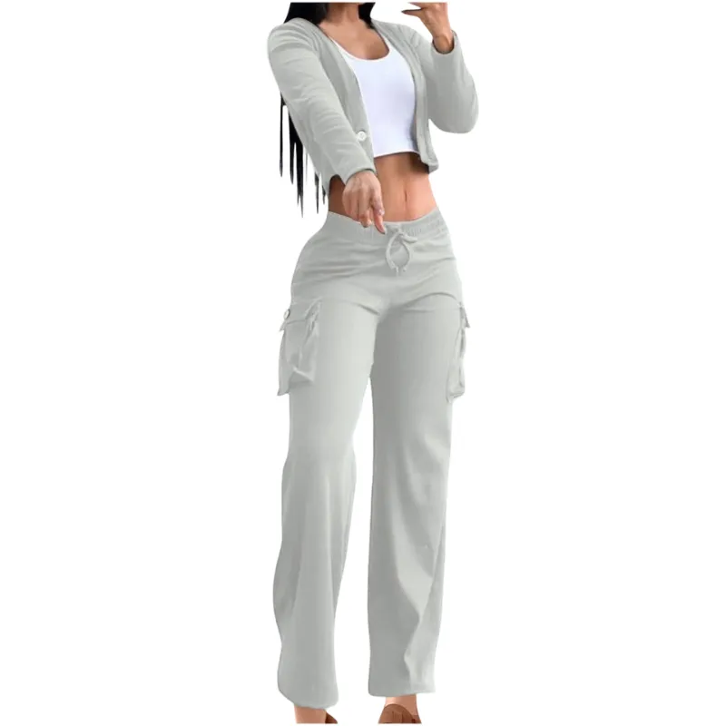 2 Piece Set for Women Casual Suit Cardigan Button with Pocket