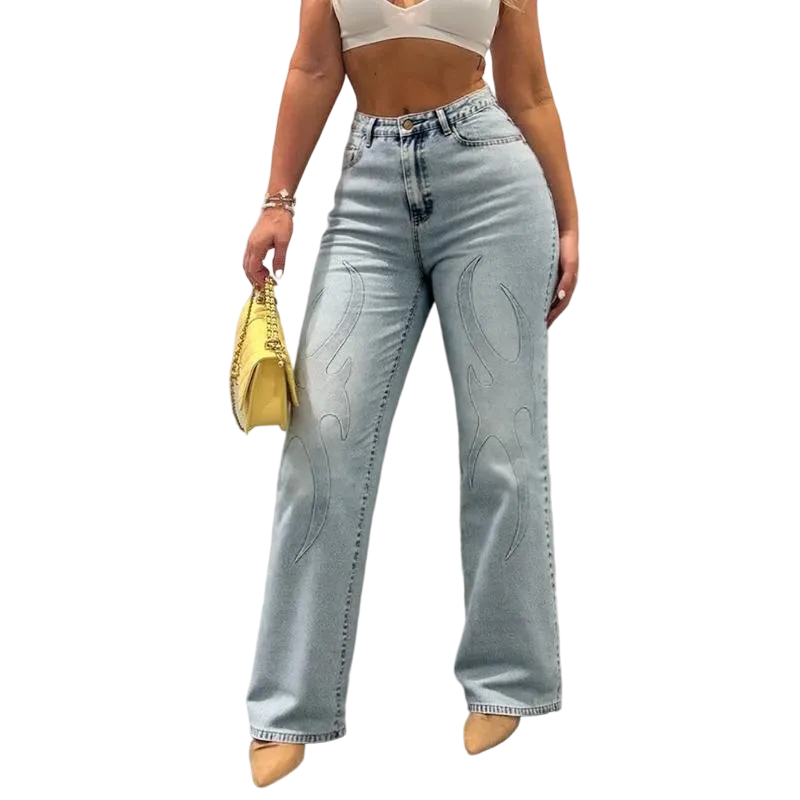 Y2K streetwear inspiration, women's embossed flame pattern jeans