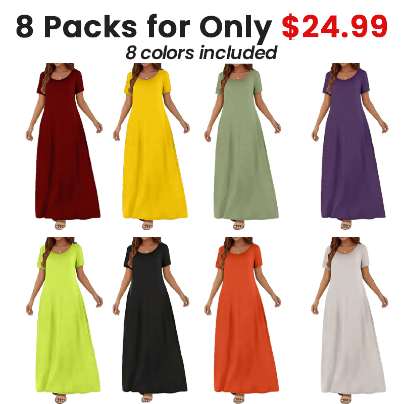 🔥8 PACK $24.99- Women's Casual Commuter Plain Minimalist Short Sleeve Dress with Pockets