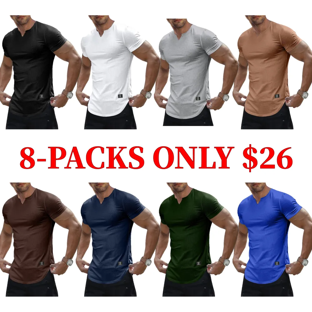 Men's solid color slim-fit V-neck long-sleeved T-shirt, made of polyester fabric, suitable for fitness and sports wear.