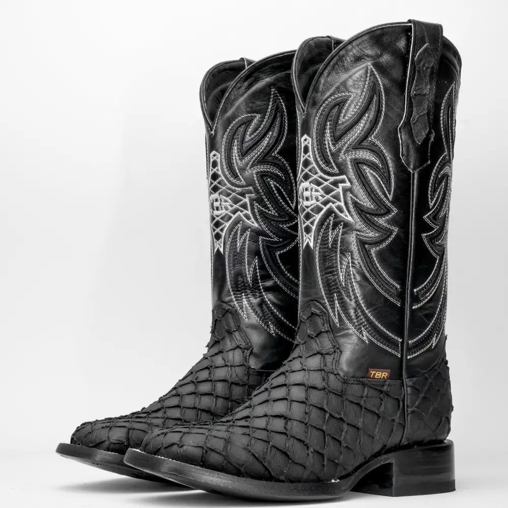 Matte Black Mini Pirarucu Leather Boots - Square Toe