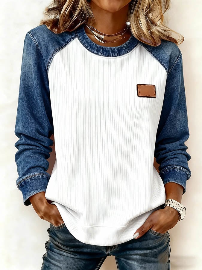 Women'S Casual Round Neck Denim Patchwork Pullover Sweatshirt