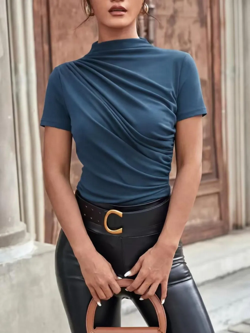 Women's Slim Fit Ruched Asymmetrical Top, High Neck Short Sleeve Knit T-Shirt, Casual Plain Design