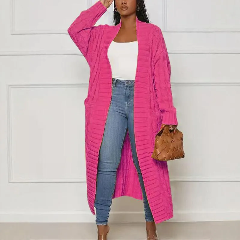 Women's Solid Color Textured Drop Shoulder Pocket Longline Cardigan