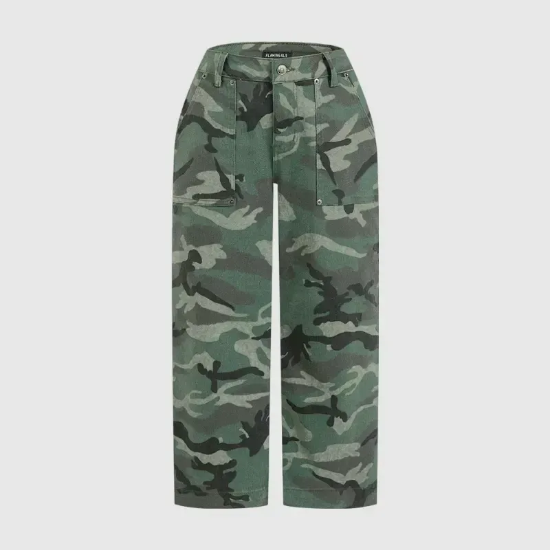 Camo Print Mid Waist Straight Leg Capri Pants Without Belt