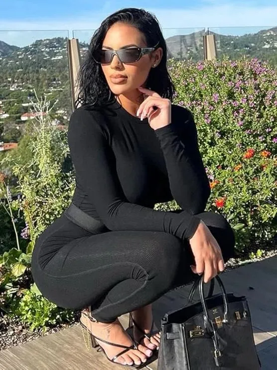 Women's Minimalist Chic Solid Long Sleeve Tee & Elastic Waist Pants Set